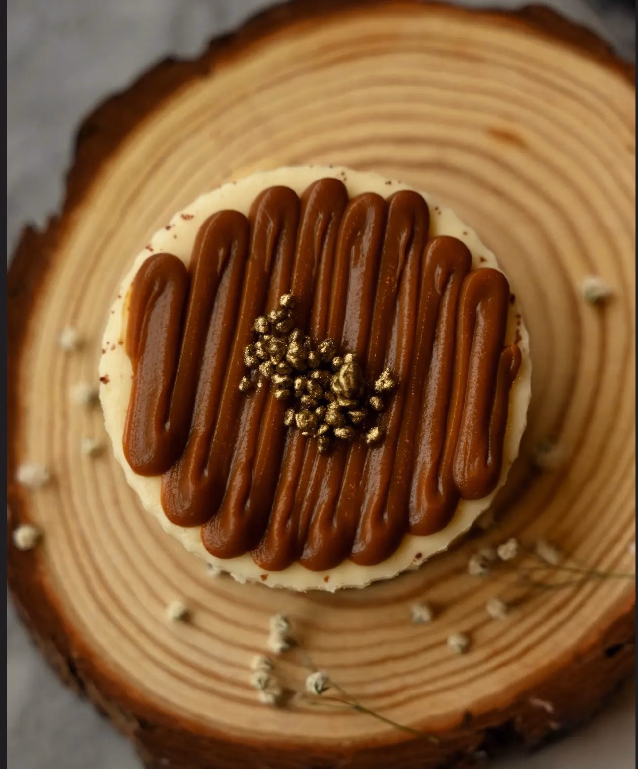 A caramel cheesecake with piped topping and gold flakes