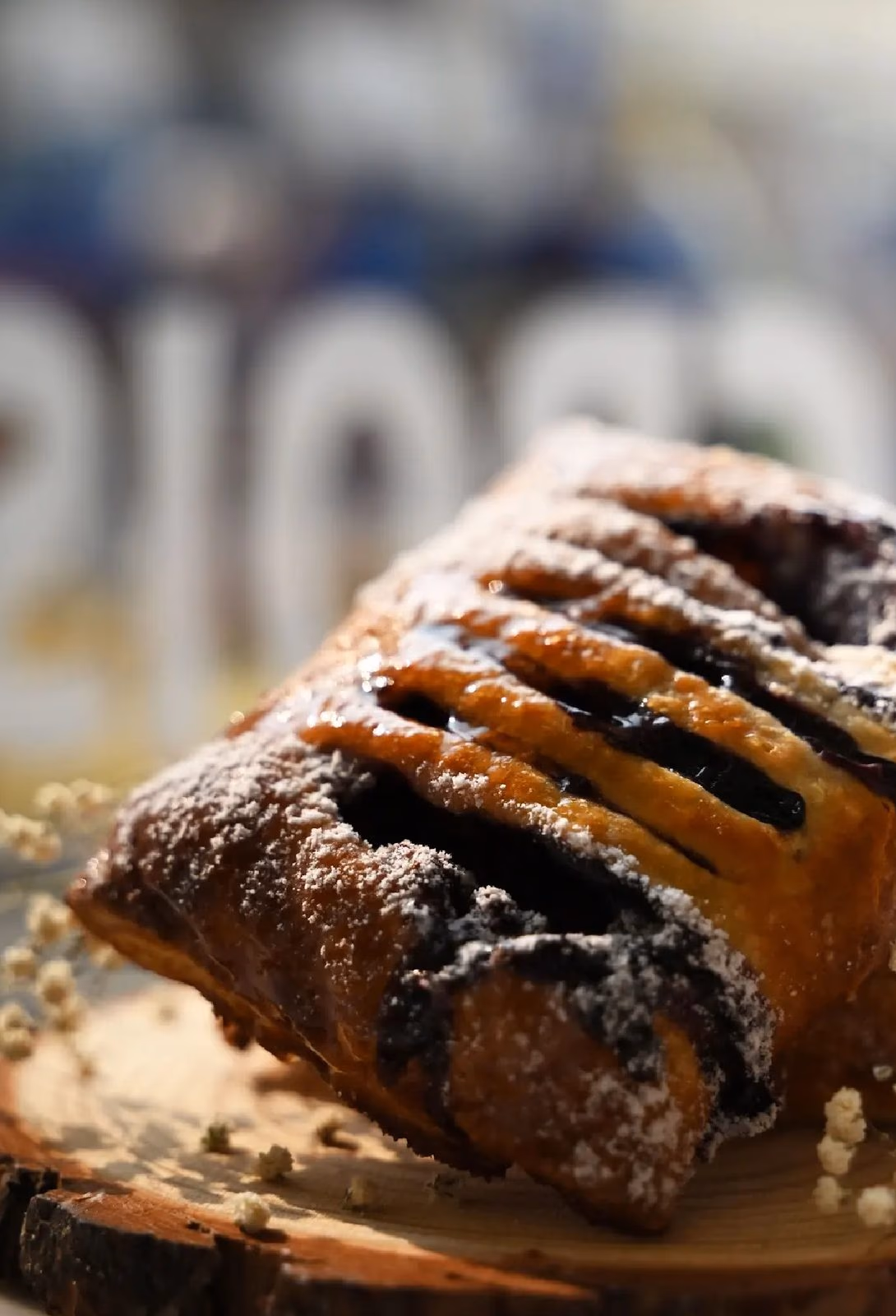 A chocolate babka dusted with icing sugar