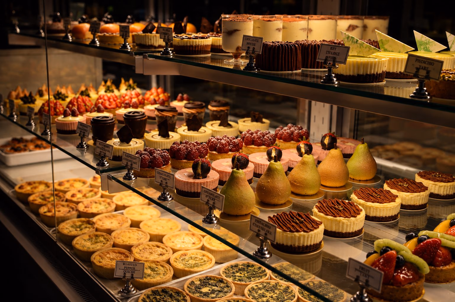 The pastry display case lined with tarts and individual cakes
