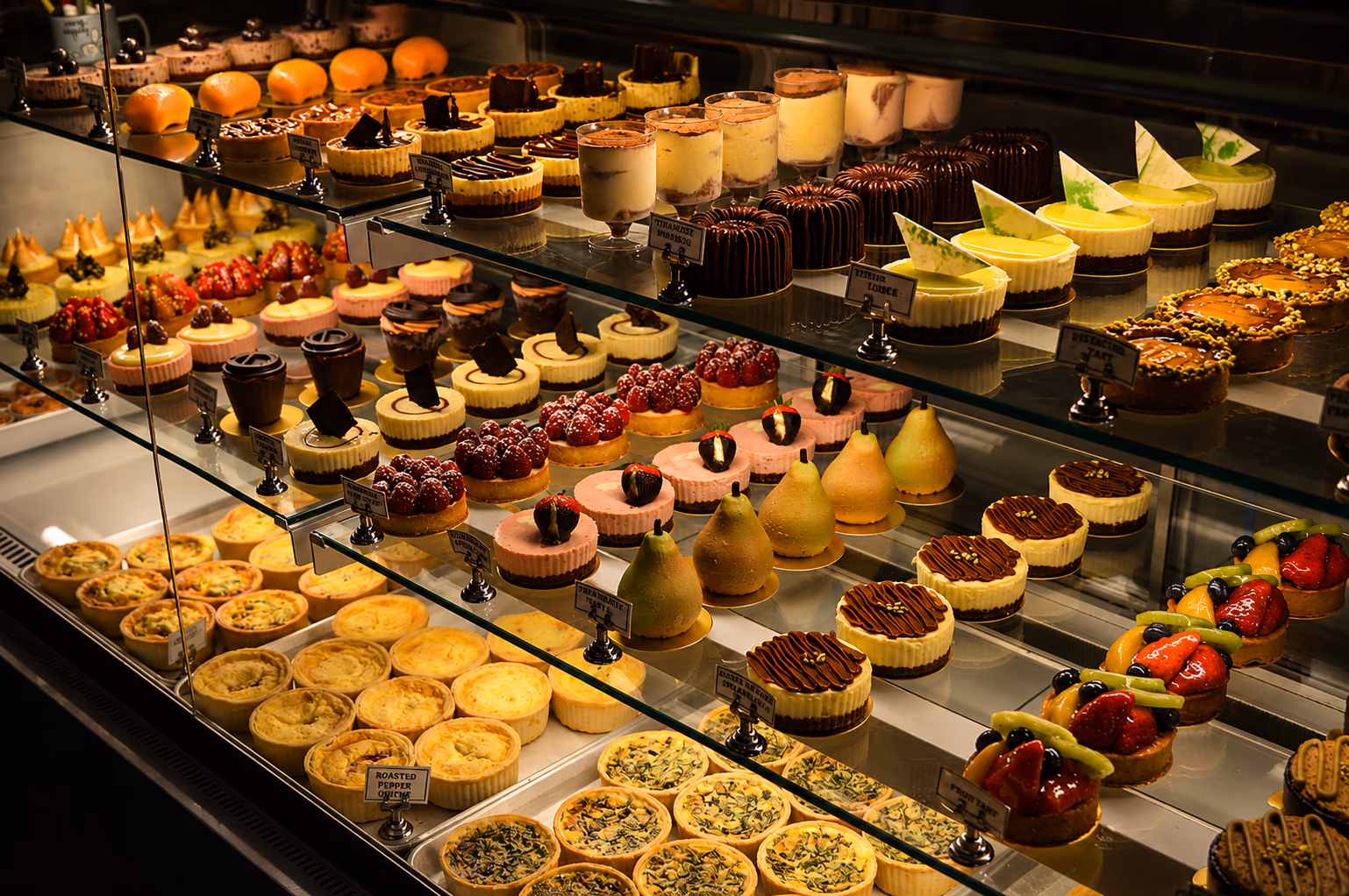 Full pastry display case at the Thorold café