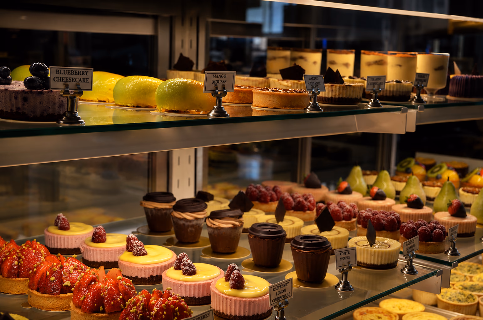 Patisserie display case filled with cheesecakes and desserts