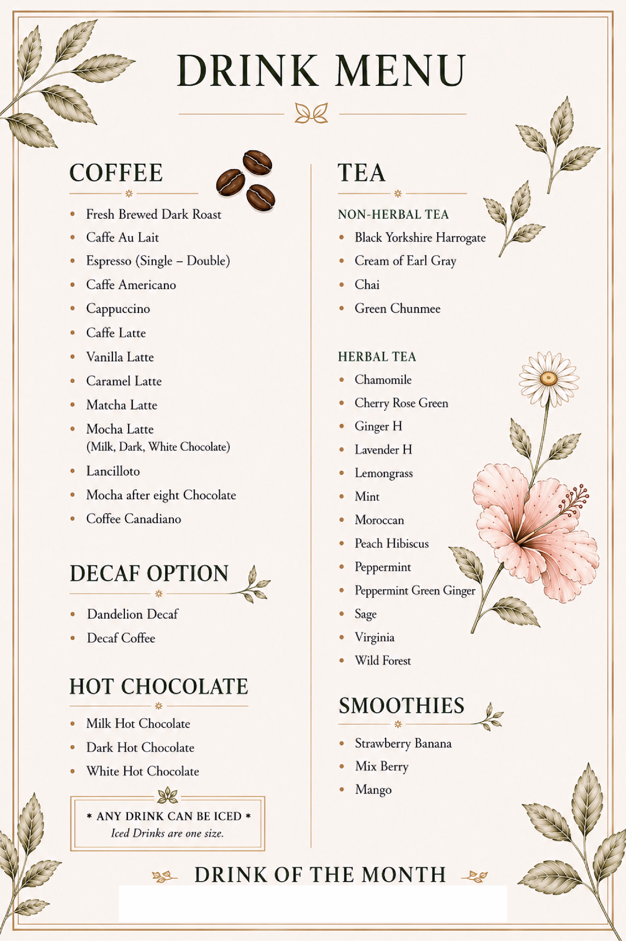 JC Patissier drink menu board in Thorold, Ontario: espresso, cappuccino, caffè latte, vanilla, caramel, matcha and mocha lattes, americano, café au lait and decaf; herbal and non-herbal loose-leaf teas; milk, dark and white hot chocolate; strawberry banana, mixed berry and mango smoothies.