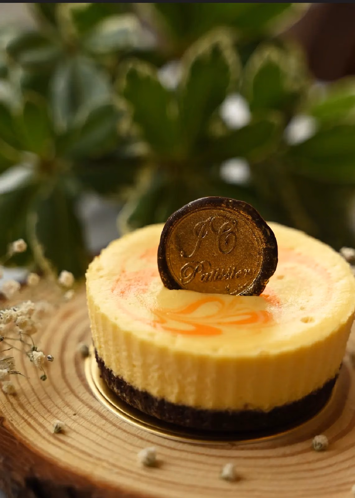 An orange cheesecake stamped with the JC Patissier seal