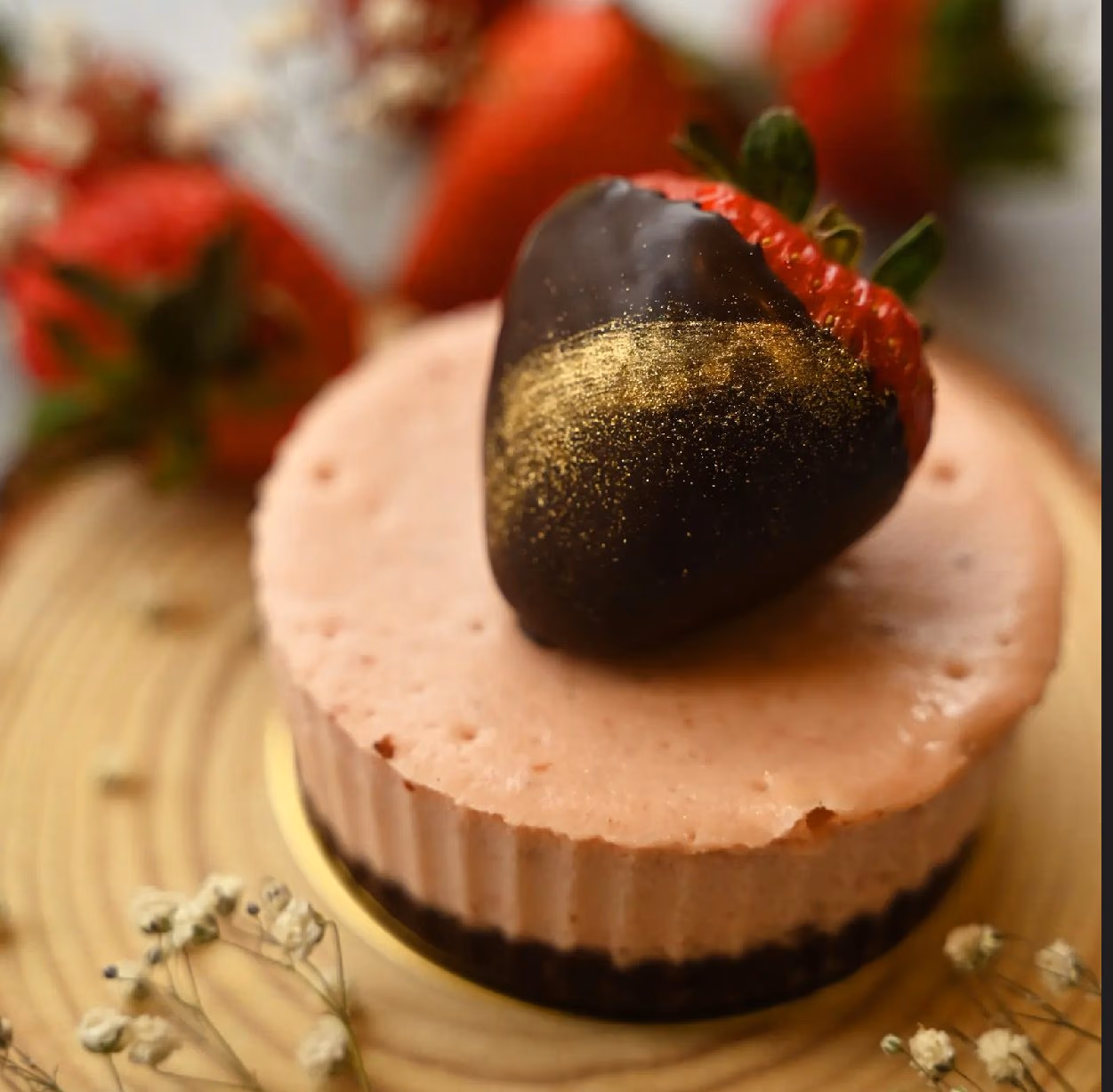 A strawberry cheesecake topped with a gold-dusted chocolate strawberry
