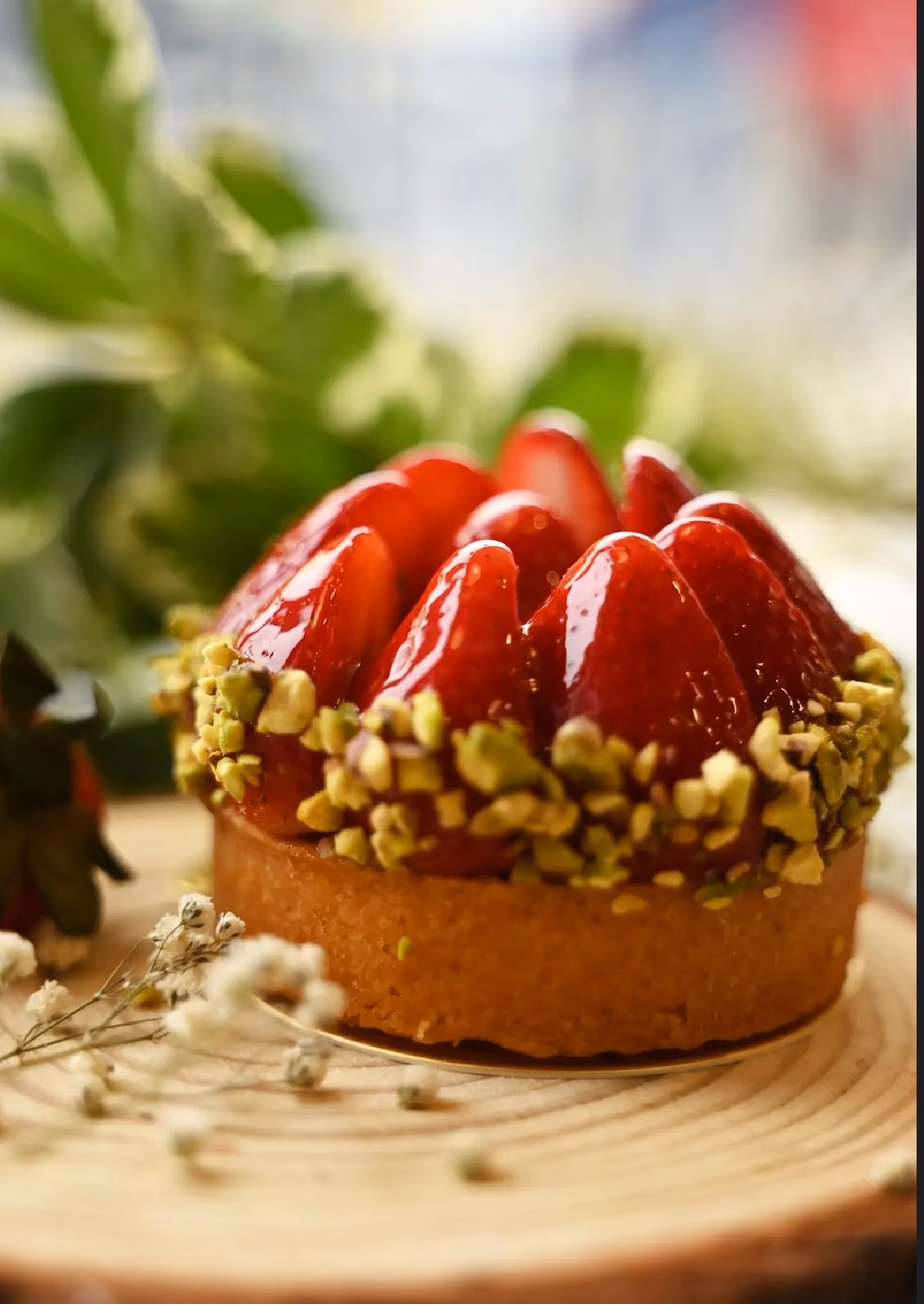 A strawberry tart with a pistachio crumb edge