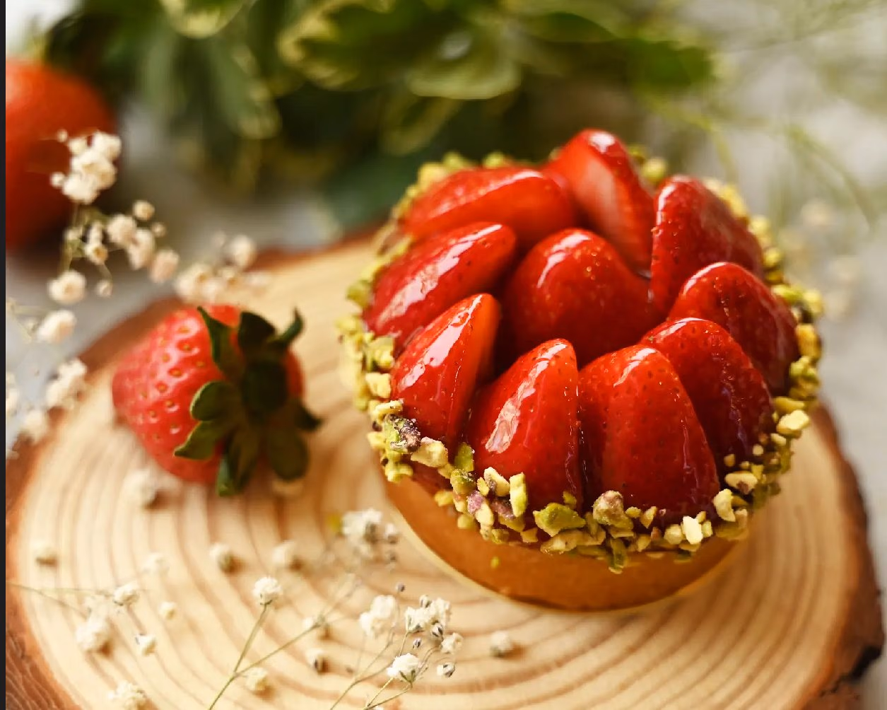 A strawberry tart edged with chopped pistachio